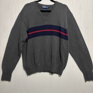 VTG Polo Ralph Lauren Sweater Mens 2XL Cherokee Stripe Blue Red V Neck Pullover